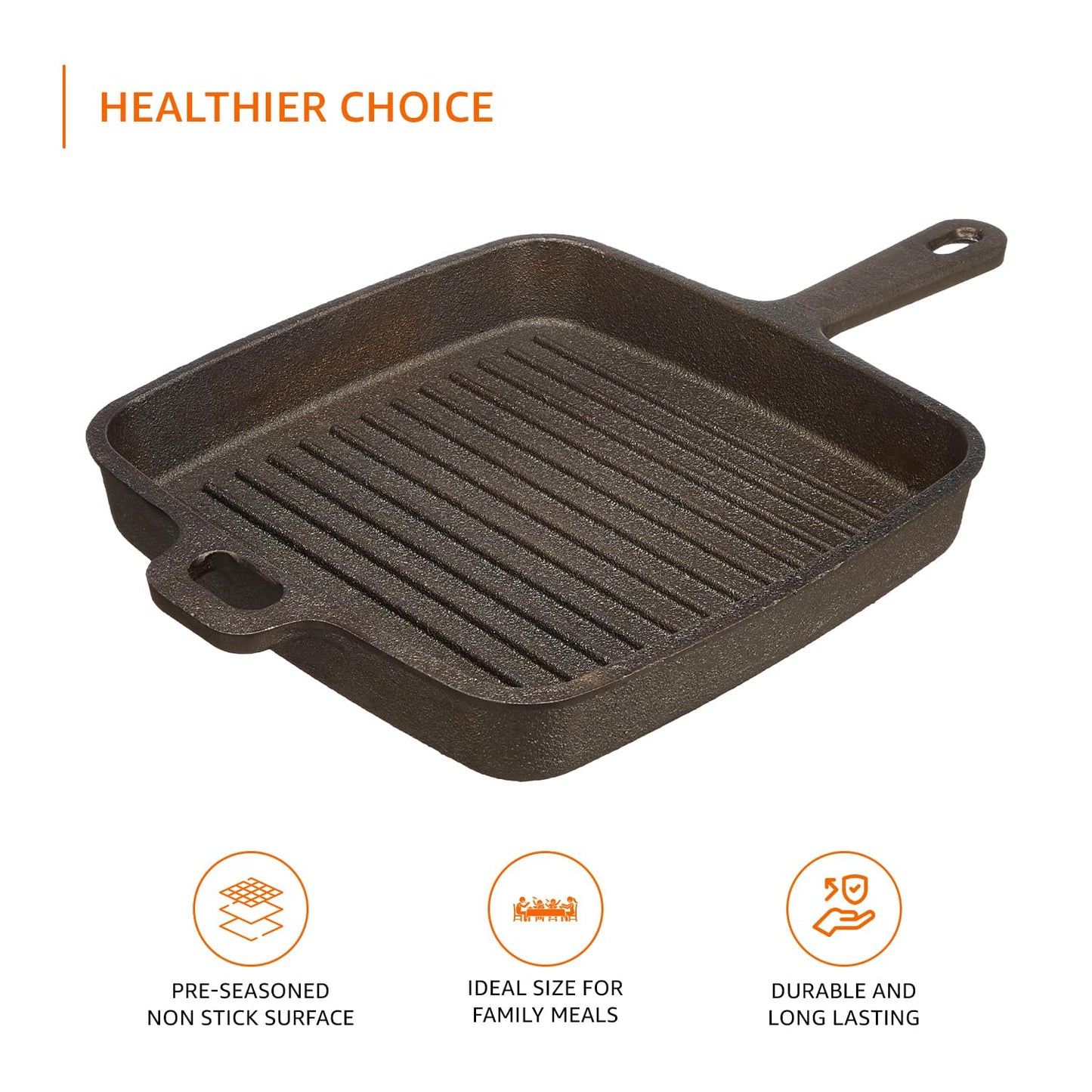 Cast Iron Grill Pan with Long Handle – 9.8-Inch