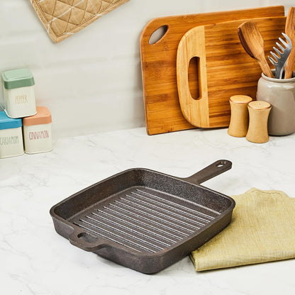 Cast Iron Grill Pan with Long Handle – 9.8-Inch