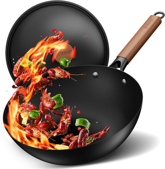 Sanho 12-Inch Carbon Steel Wok Pan with Lid