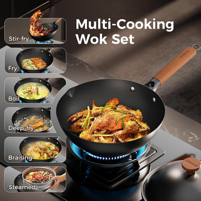 Sanho 12-Inch Carbon Steel Wok Pan with Lid