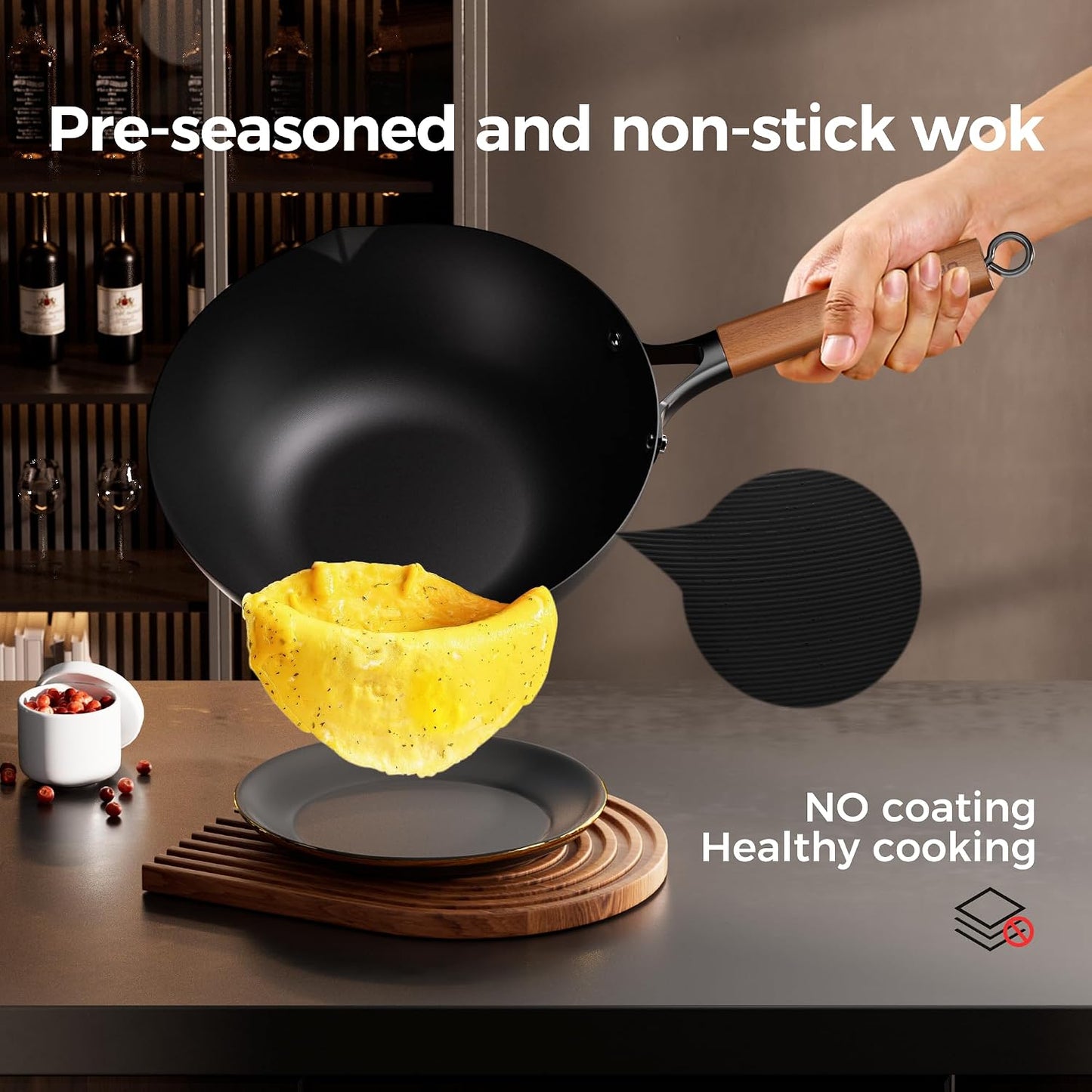 Sanho 12-Inch Carbon Steel Wok Pan with Lid