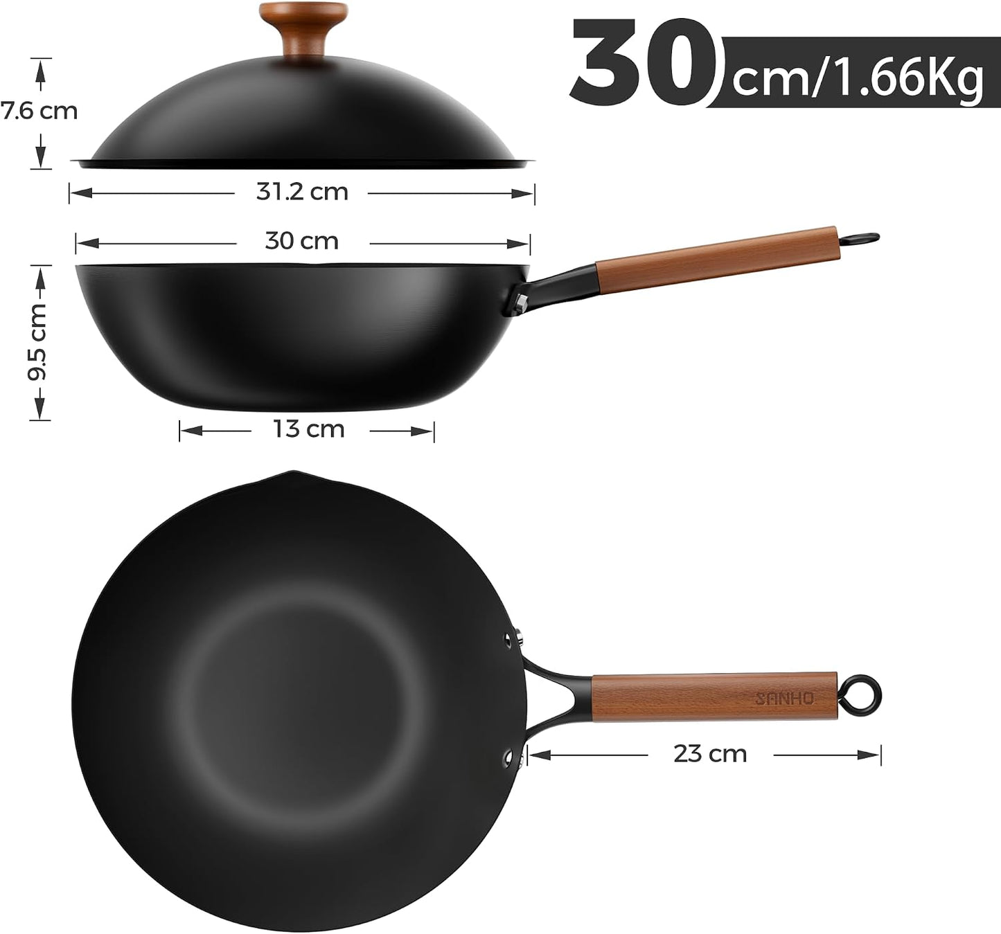 Sanho 12-Inch Carbon Steel Wok Pan with Lid